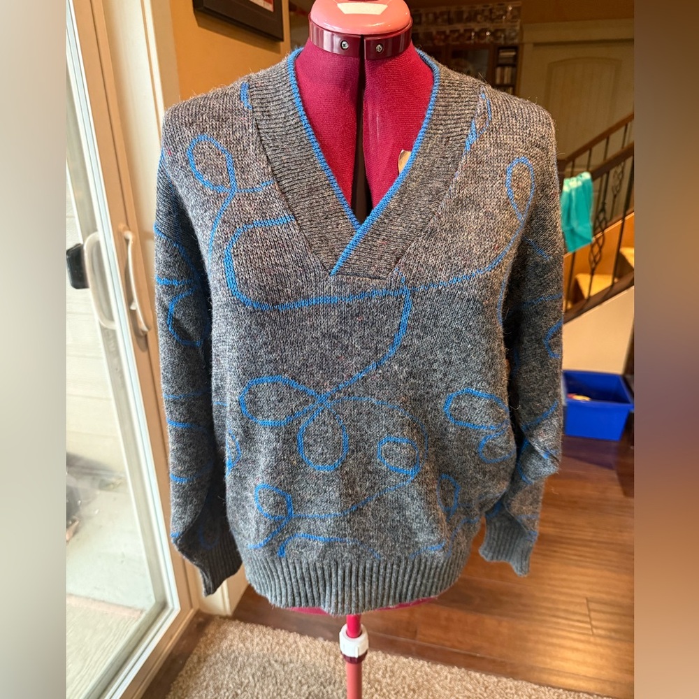 Grey and Blue Vintage V-Neck Sweater